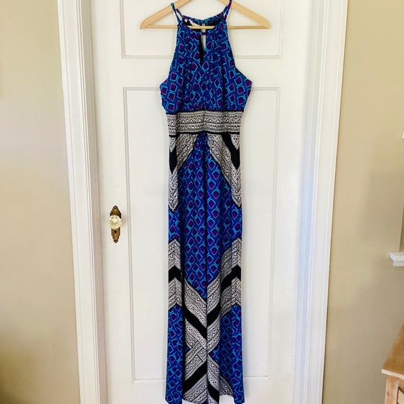 London Times Geometric Halter Maxi Dress Size 8 Blue Black stretch Boho Vocation - Picture 1 of 12